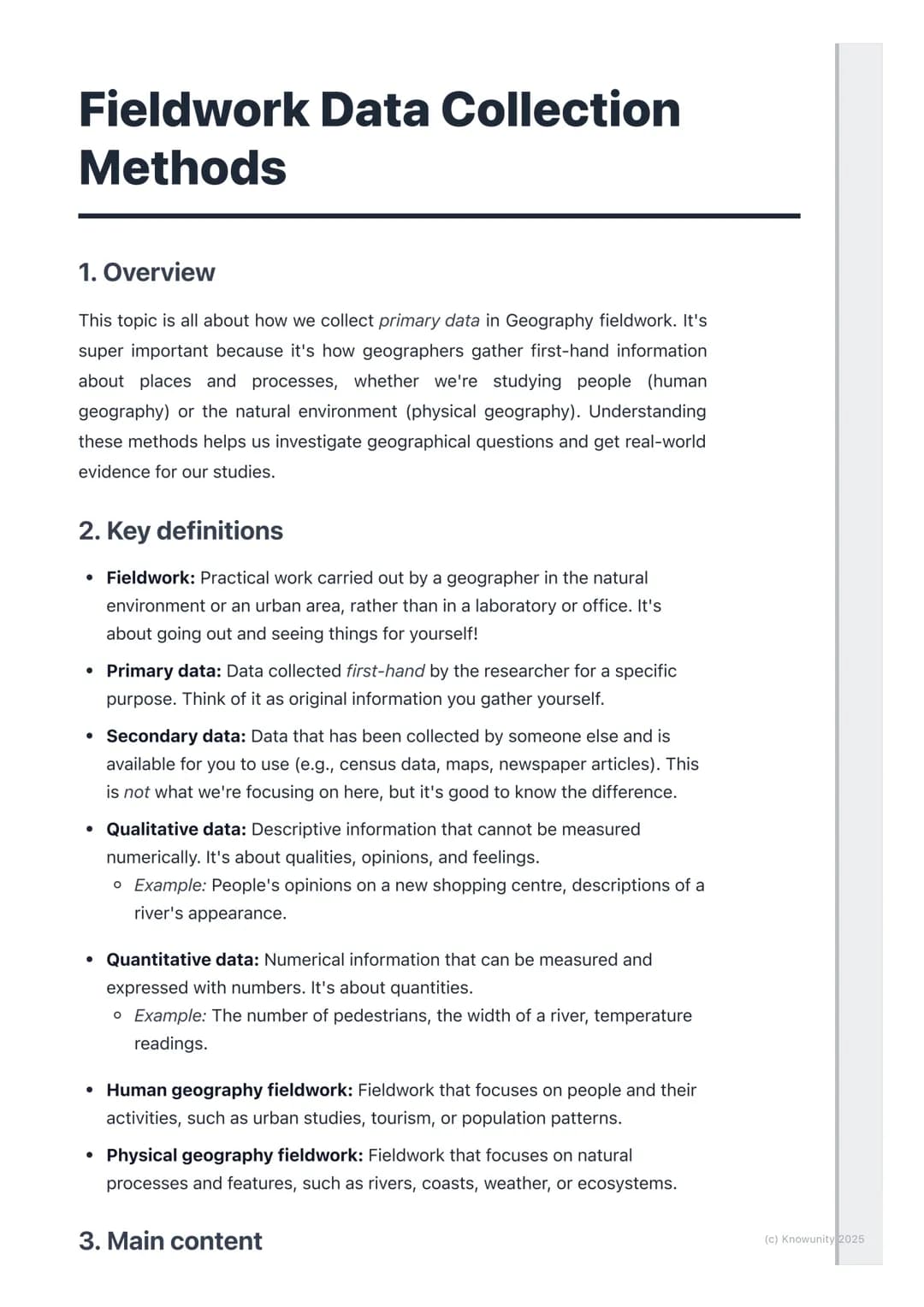 # Fieldwork Data Collection
Methods

1. Overview

This topic is all about how we collect primary data in Geography fieldwork. It's
super imp