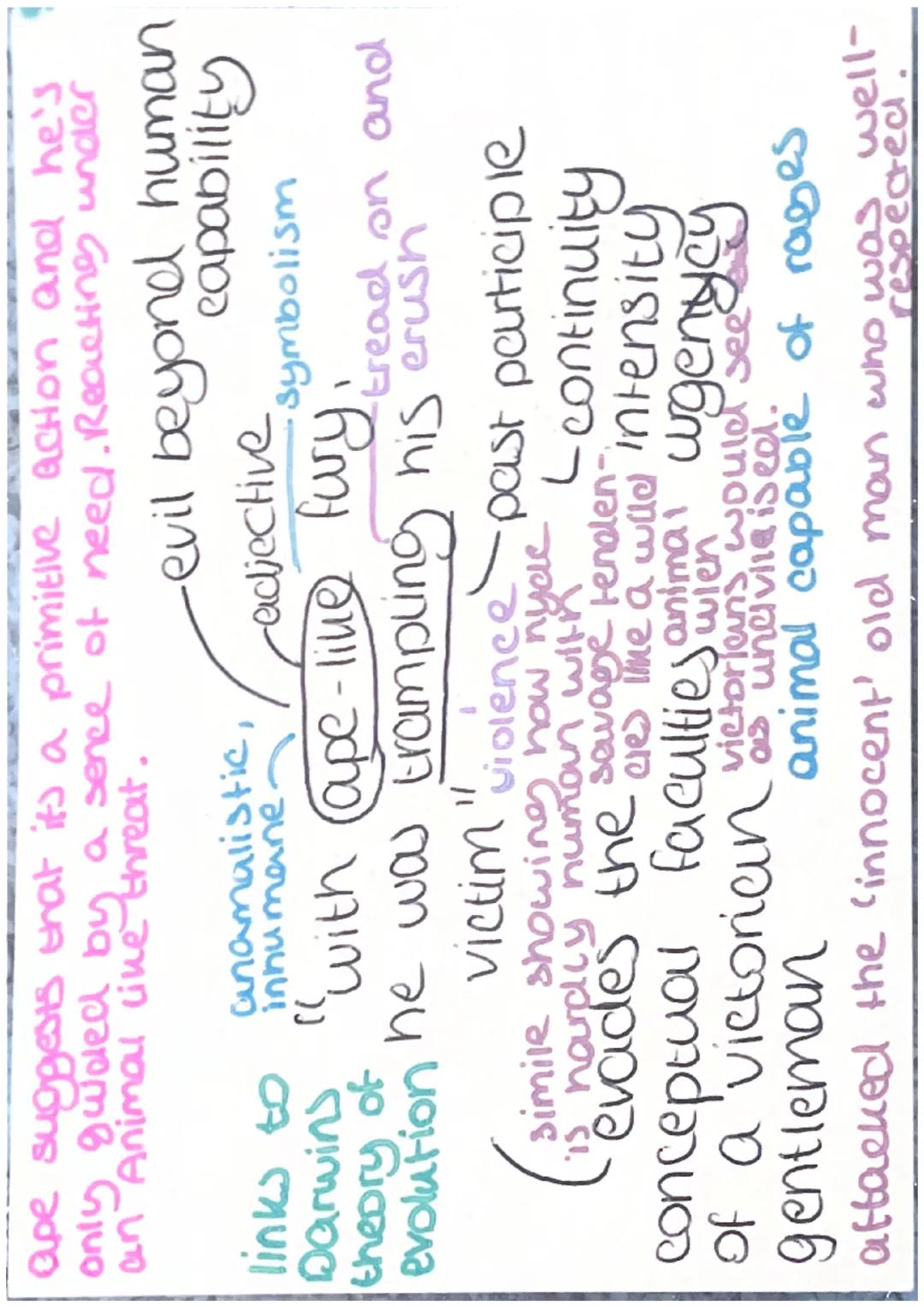 ape suggests that it's a primitive action and he's
only guided by a sence of need. Reacting under
an Animal like threat.
-evil beyond human
