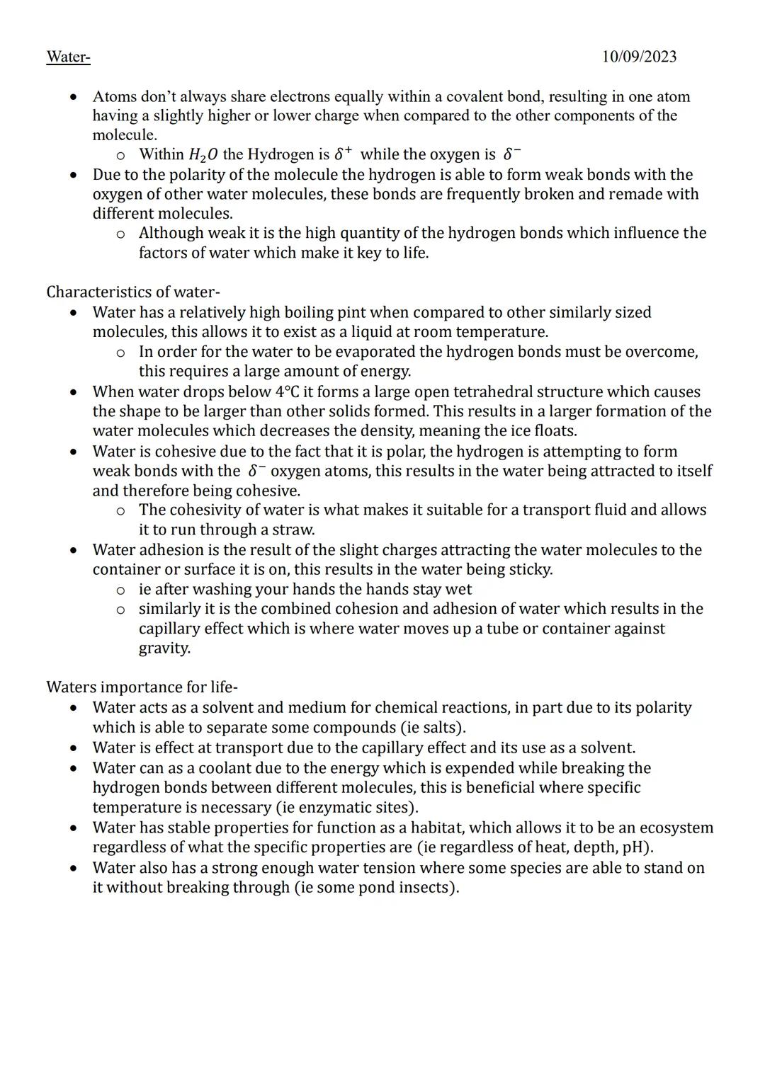 Water-
●
●
●
●
●
Characteristics of water-
Water has a relatively high boiling pint when compared to other similarly sized
molecules, this a