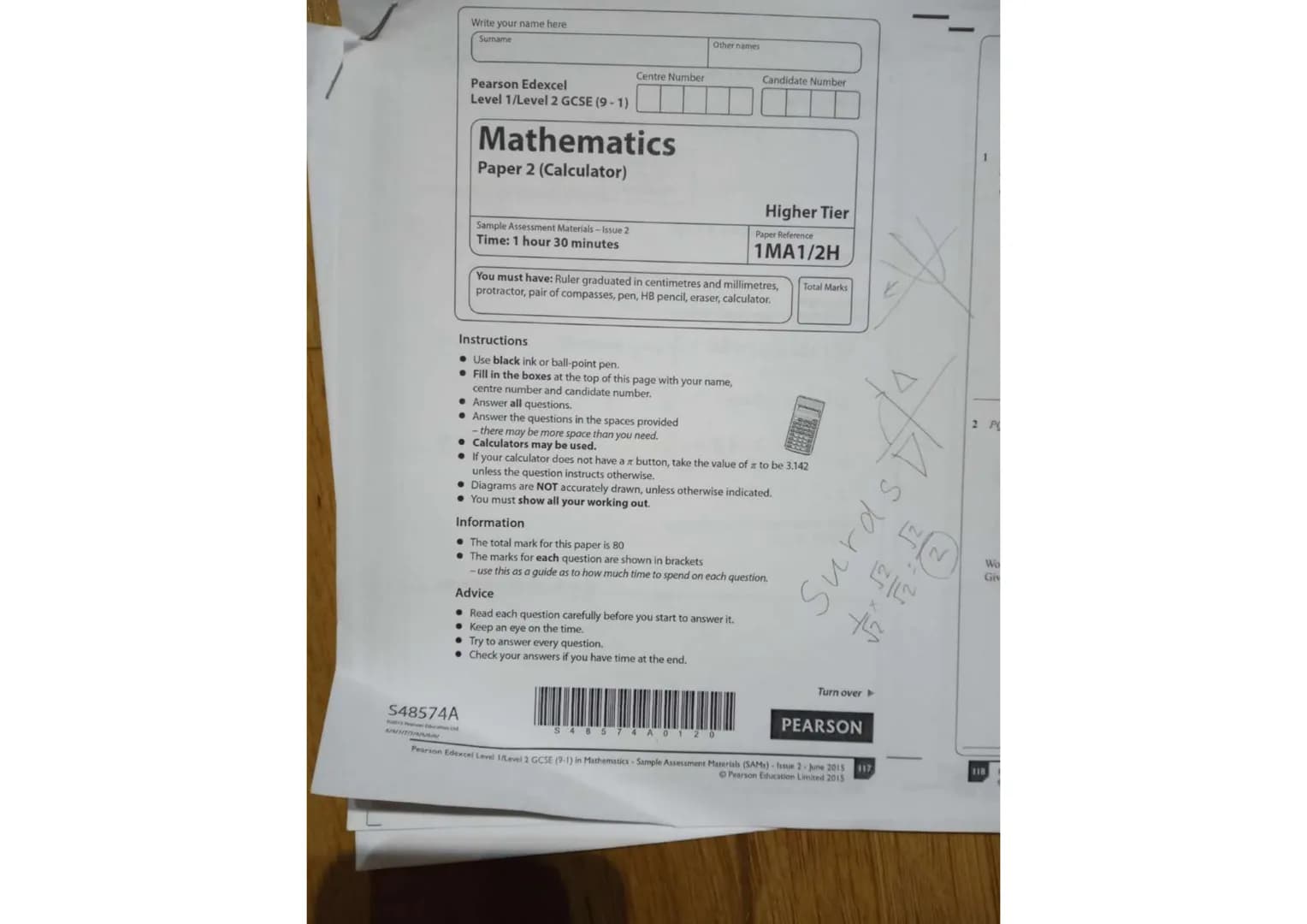 Write your name here
Surname
UNIDA
Pearson Edexcel
Level 1/Level 2 GCSE (9-1)
S48574A
Centre Number
Mathematics
Paper 2 (Calculator)
Sample 