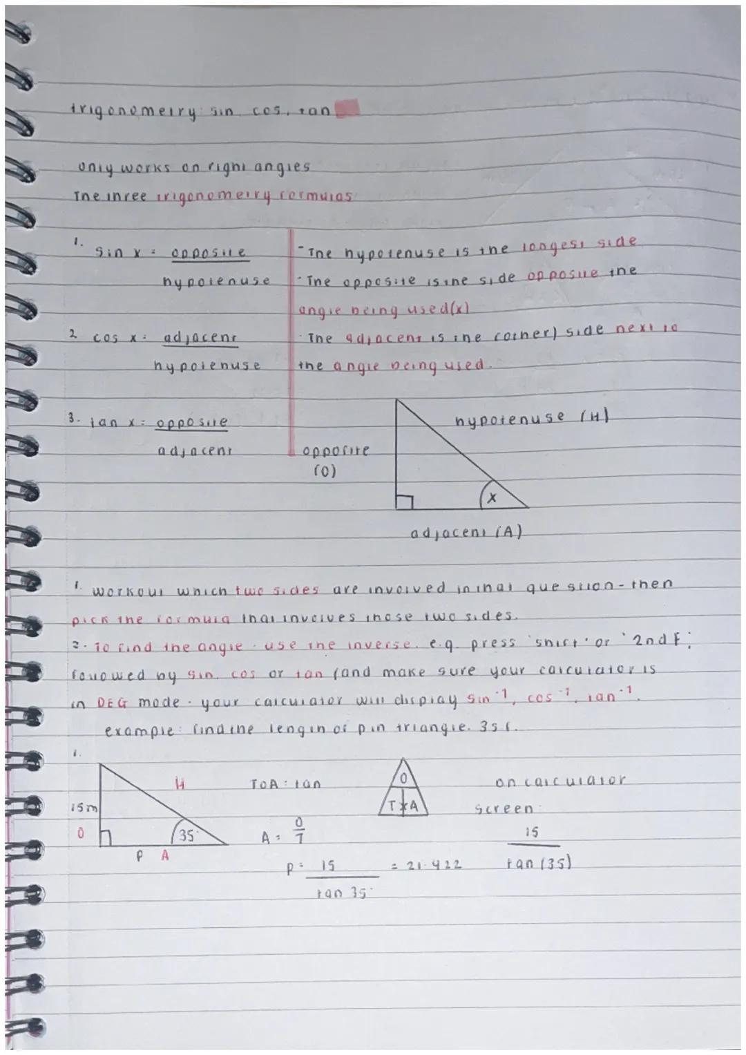 trigonomerry sin cos, tan
only works on right angles
The inree irigonomerry formulas
1.
Sin x = opposile
2 cos x adjacent
1.
3. jan x= oppos