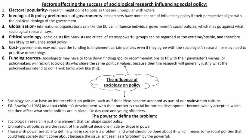 Sociology & social policy 1. Electoral popularity- research might point to policies that are unpopular with voters.
2. Ideological & policy 