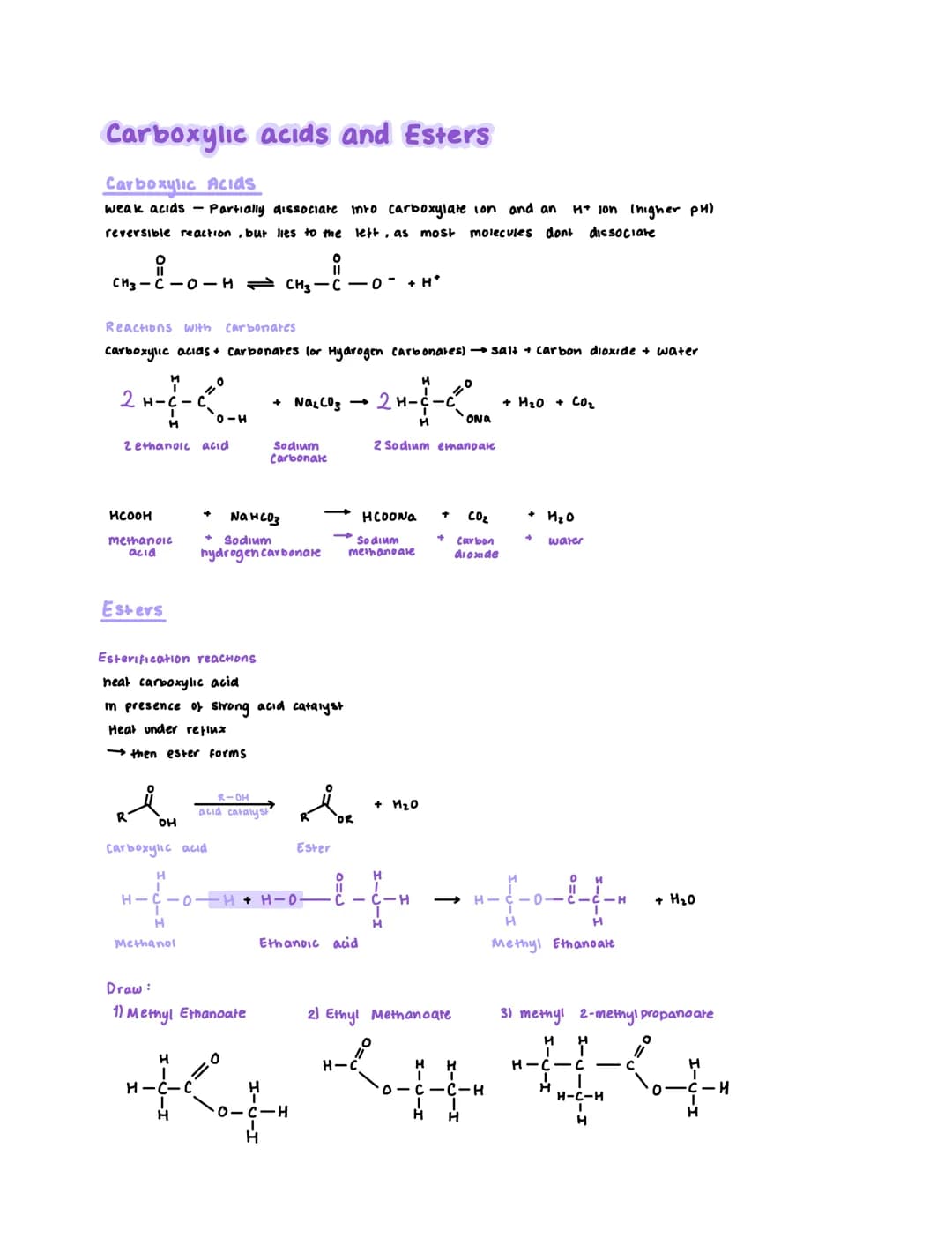 Carboxylic acids and Esters
Carboxylic Acids
weak acids - Partially dissociate into carboxylate con and an H* lon Ihigher PH)
reversible rea