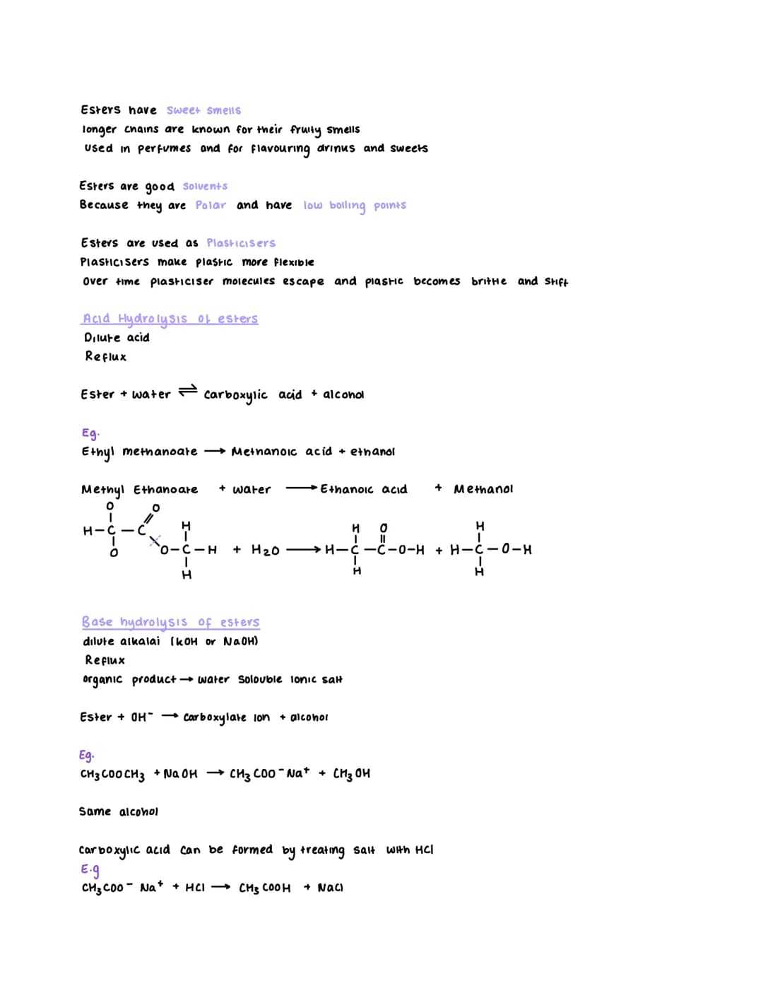 Carboxylic acids and Esters
Carboxylic Acids
weak acids - Partially dissociate into carboxylate con and an H* lon Ihigher PH)
reversible rea