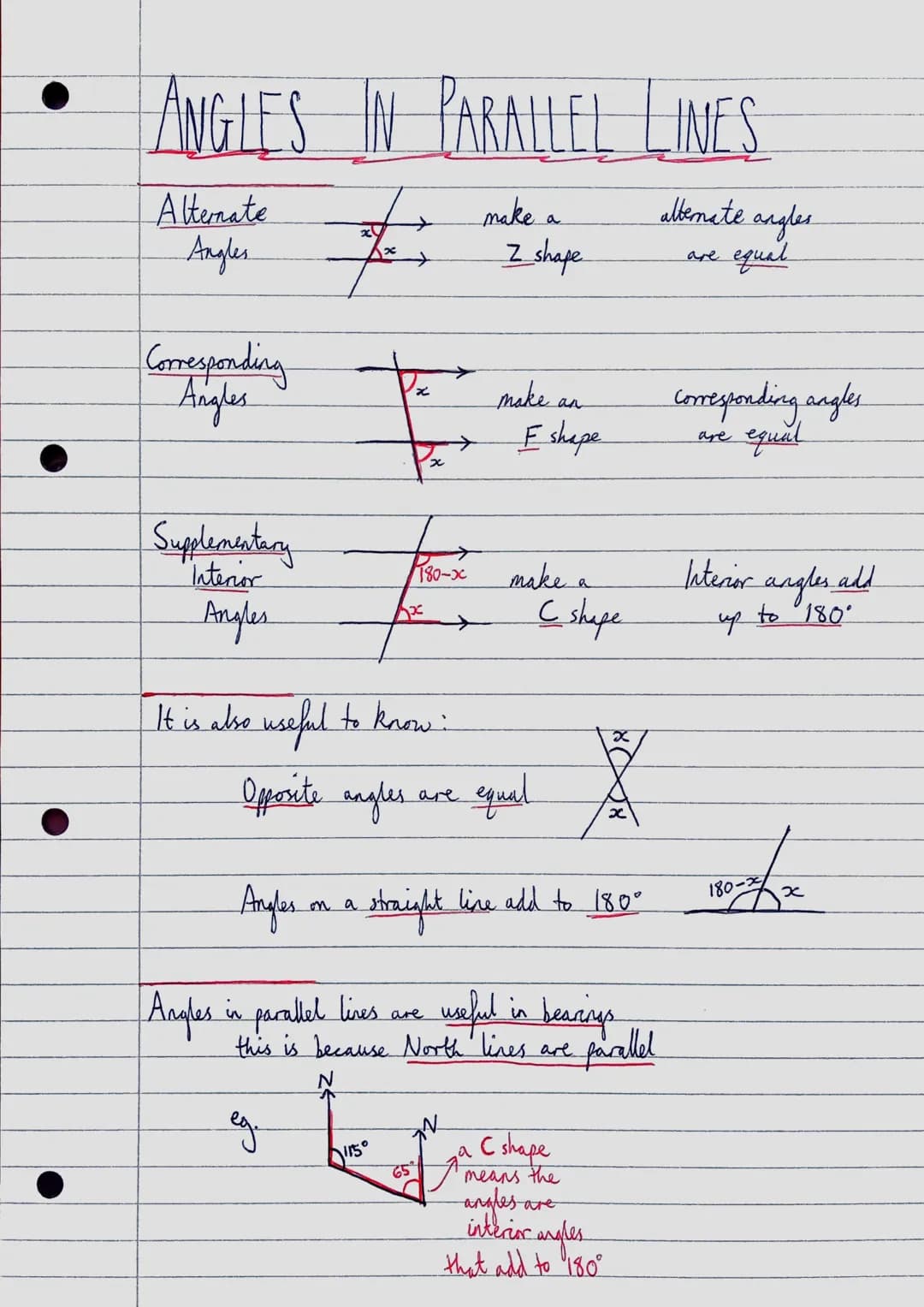 ANGLES IN PARALLEL LINES
E
Alternate
Angles
Corresponding
Angles.
Supplementary
Interior
Angles
It is also useful to know:
Opposite angles
1