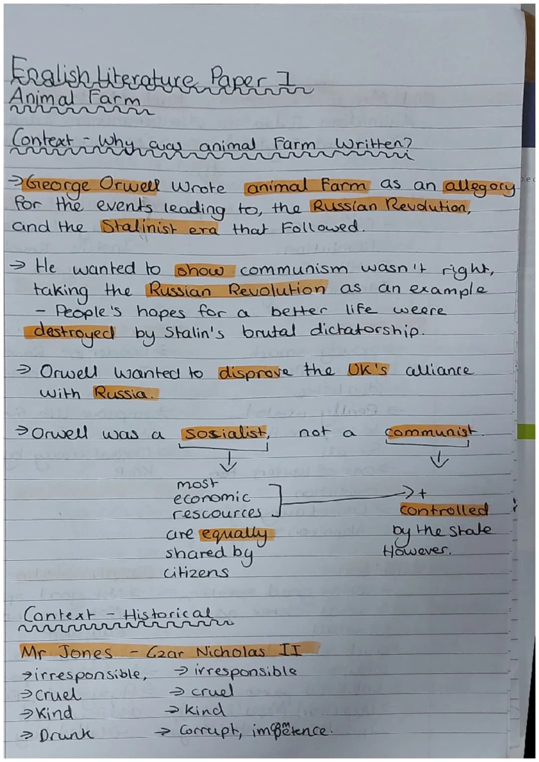 English Literature Paper tr
Animal Farm
Context: Why was animal Farm Written?
→George Orwell Wrote animal farm as an allegory
for the events
