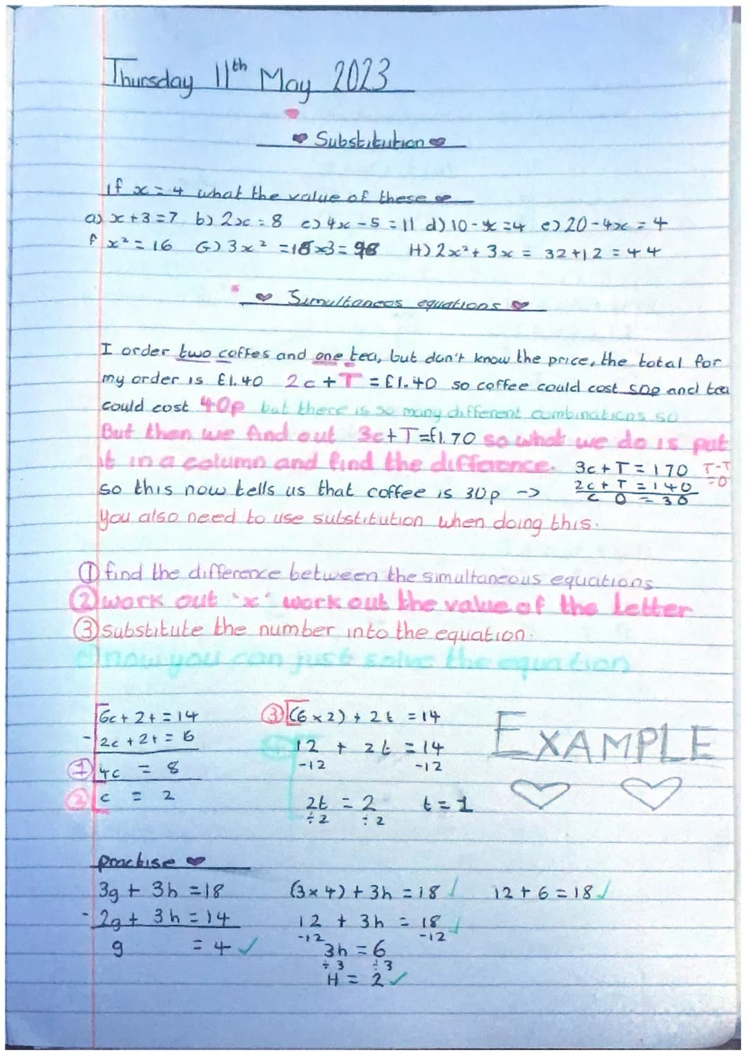 Thursday 11th
if x = 4 what the value of these se
a) x + 3 = 7 b) 2x = 8
fx²=16
May 2023
e) 4x=5 = 11 d) 10-*=4
G) 3x² =18x3=98 H) 2x² + 3x 