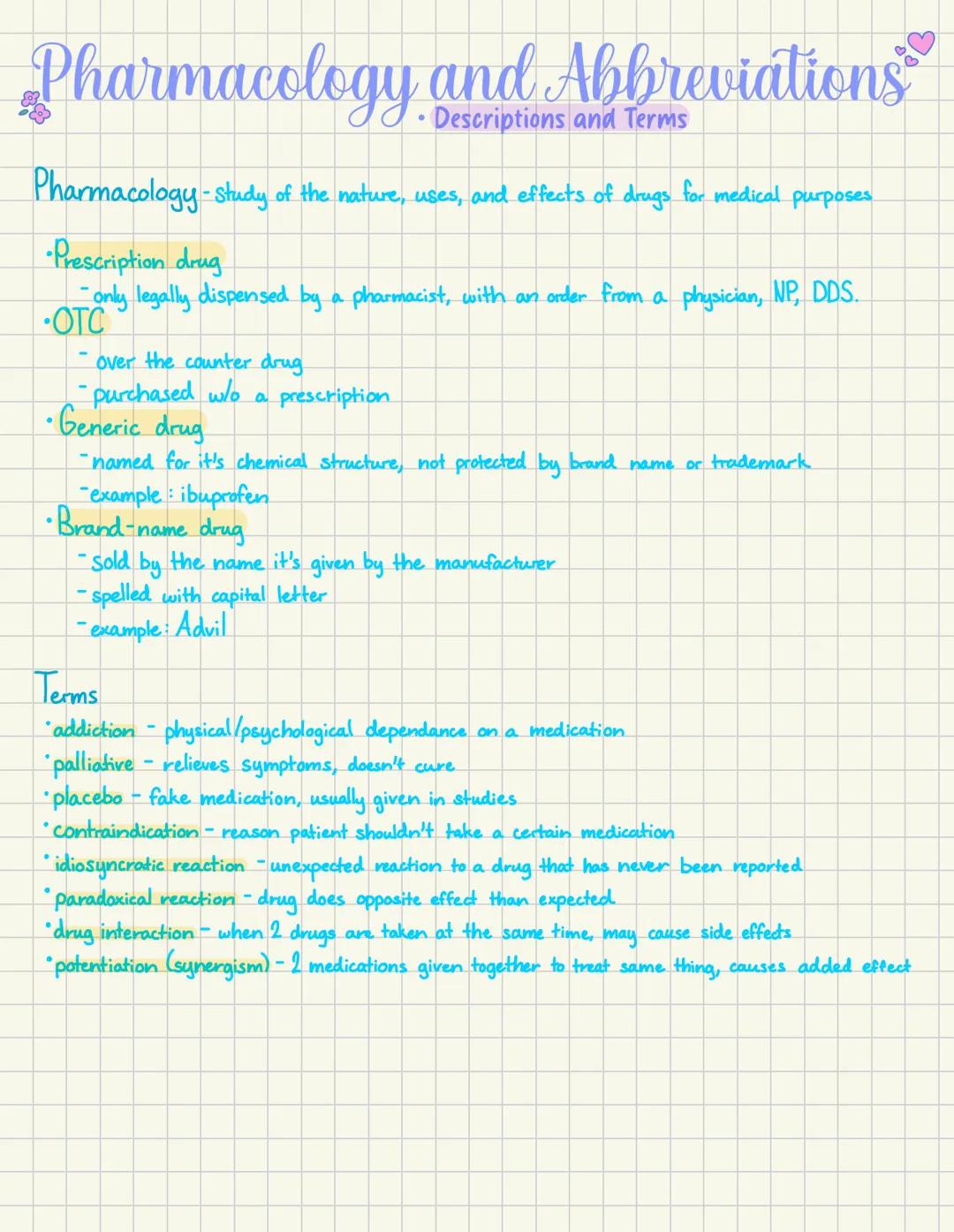 # Pharmacology and Abbreviations
Descriptions and Terms
Pharmacology-study of the nature, uses, and effects of drugs for medical purposes
* 
