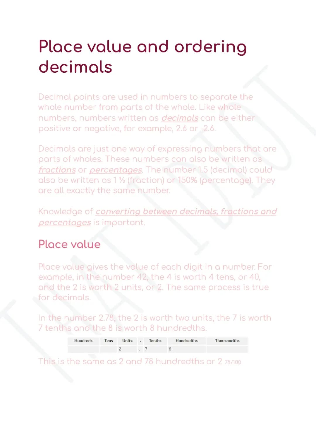 Place value and ordering decimals