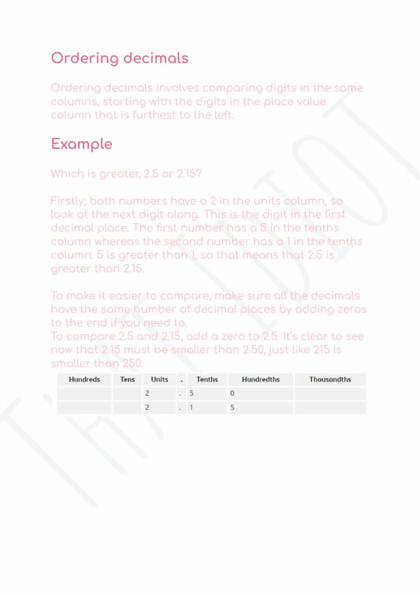 Place value and ordering
decimals
Decimal points are used in numbers to separate the
whole number from parts of the whole. Like whole
number