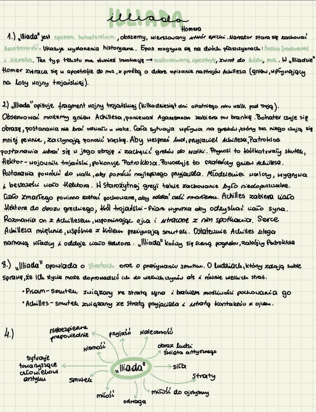 liada
Homera
1.) Illiada" jest eposem bohaterslum, obszemy, wierszowany utwór epichi. Narrator stara się zachować
bezstronnosi. Ukazuje wyda