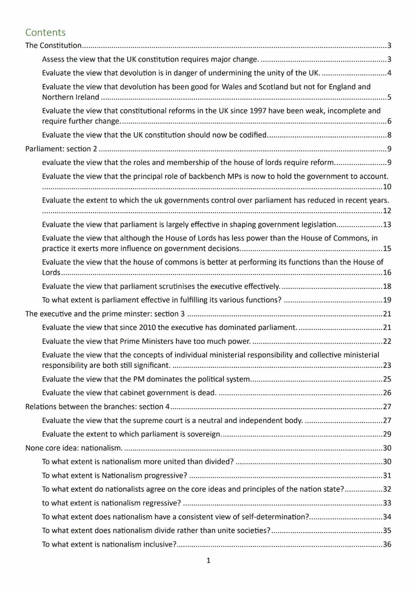 29 A* essay plans
including nationalism
Paper 2 essay
plans
A level edexcel politics
PoliticsNotes Contents
The Constitution...
Assess the v