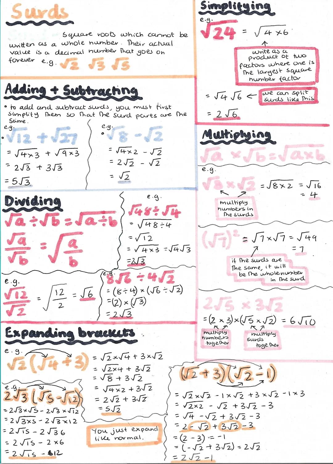 Surds
Square roots which cannot be
written as a whole number. Their actual
value is a decimal number that goes on
e.g.
forever
√3 √s
Adding 