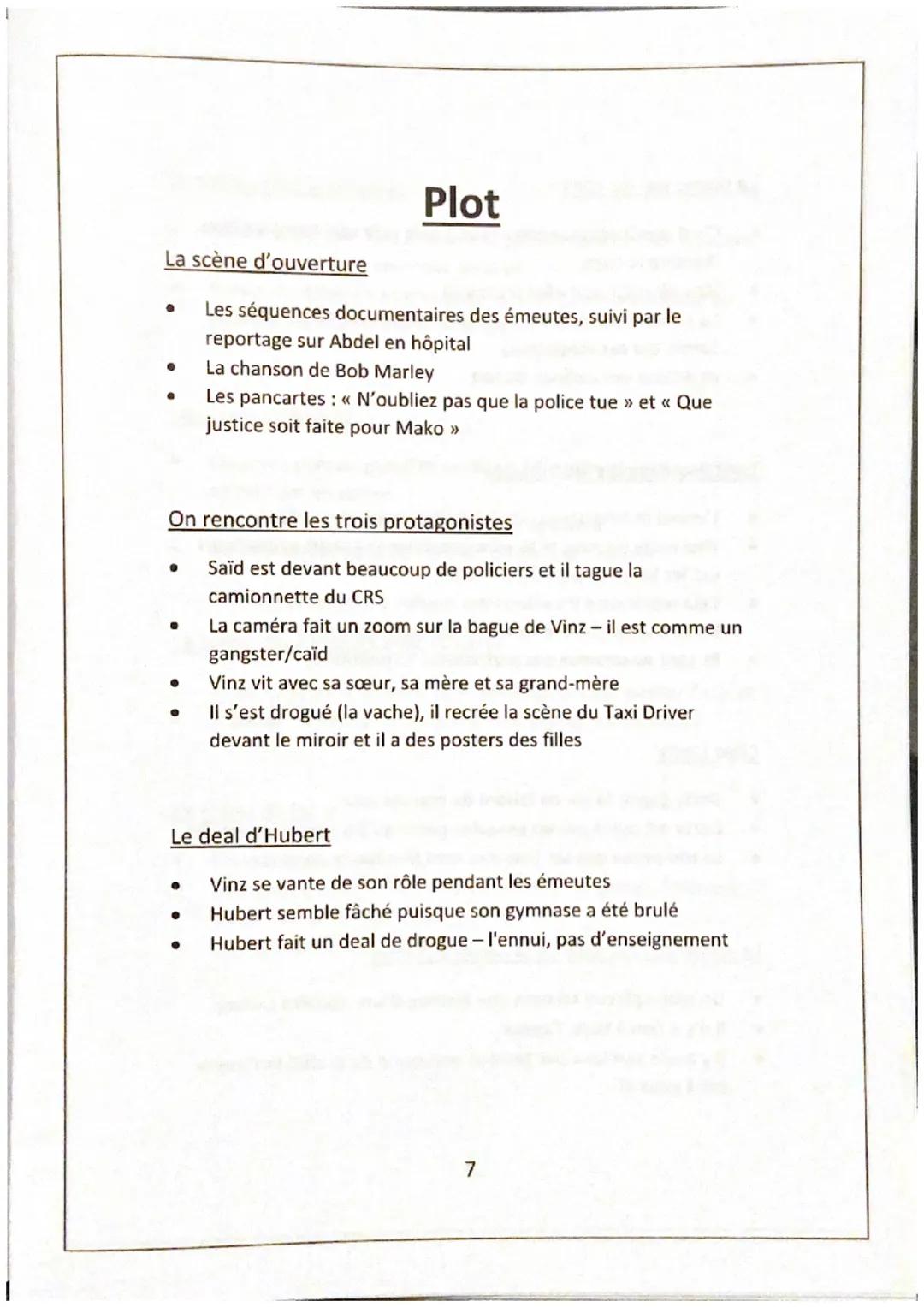 La scène d'ouverture
Les séquences documentaires des émeutes, suivi par le
reportage sur Abdel en hôpital
La chanson de Bob Marley
Les panca