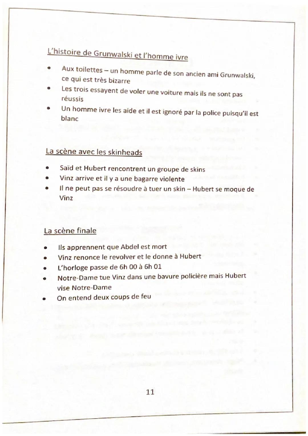 La scène d'ouverture
Les séquences documentaires des émeutes, suivi par le
reportage sur Abdel en hôpital
La chanson de Bob Marley
Les panca