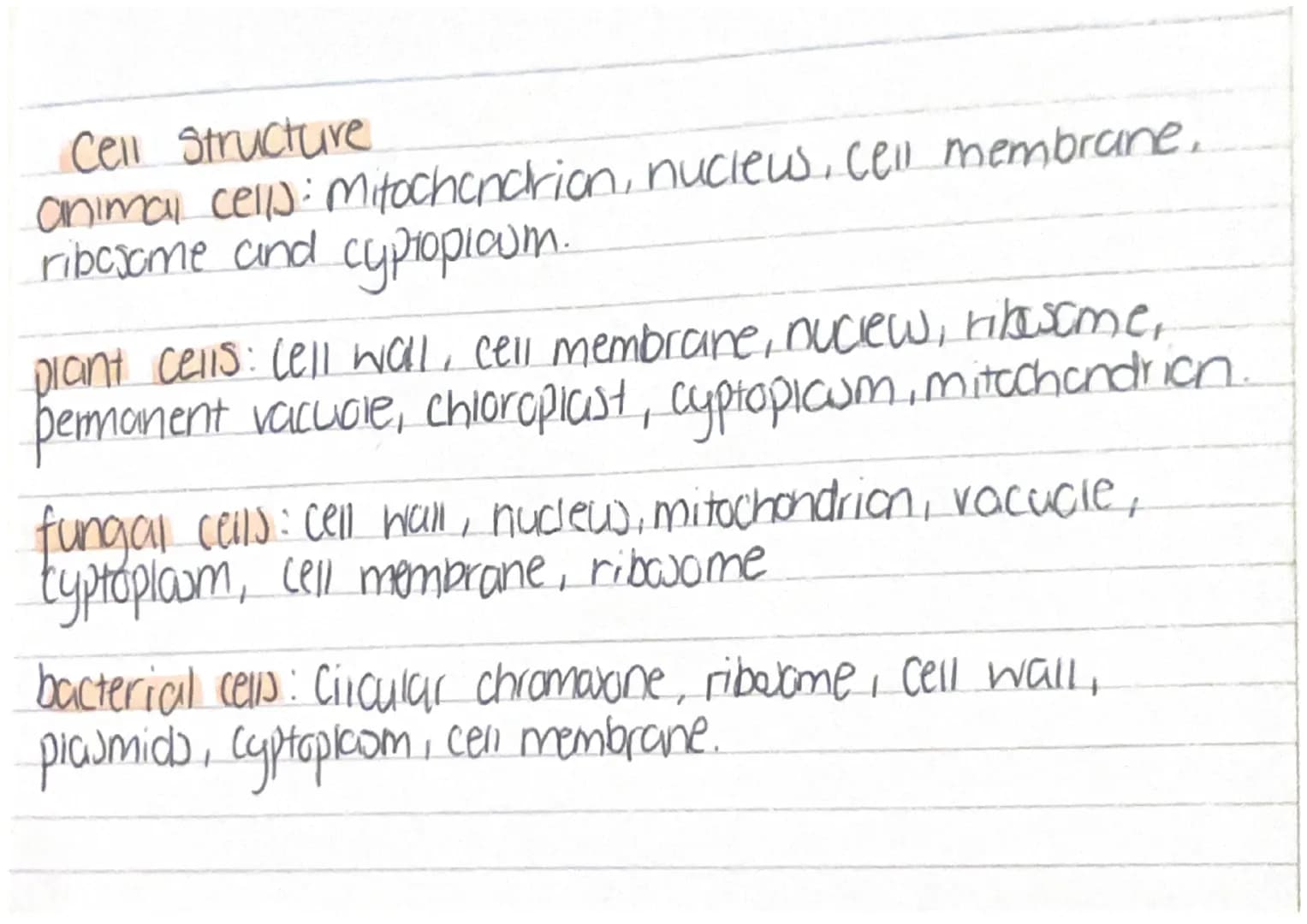 Cell Structure
animal cells: Mitochondrion, nuclews, cell membrane.
ribosome and cyproploom.
plant cells: Cell wall, cell membrane, nuclew, 