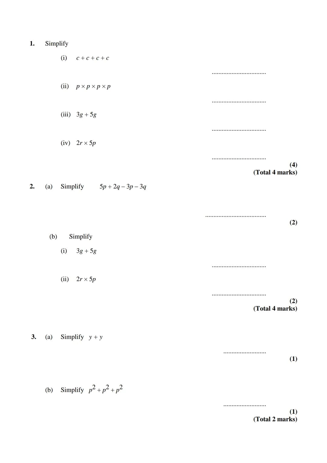 Edexcel GCSE
Mathematics (Linear) – 1MA0
ALGEBRA:
COLLECTING LIKE
TERMS
Materials required for examination
Ruler graduated in centimetres an