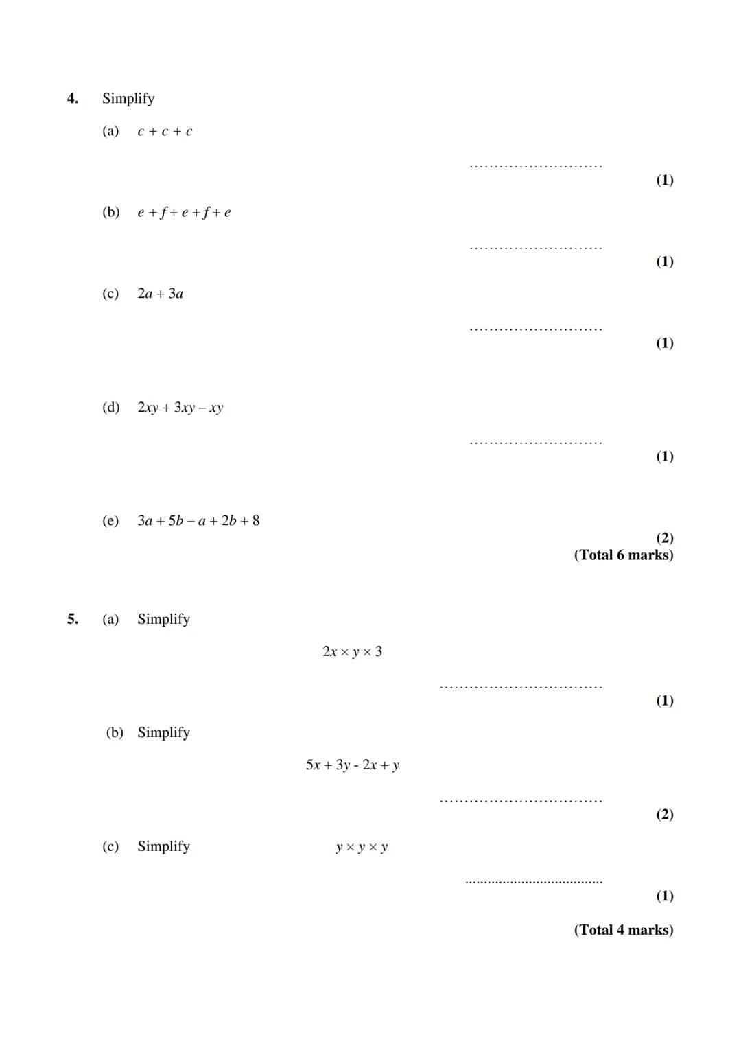 Edexcel GCSE
Mathematics (Linear) – 1MA0
ALGEBRA:
COLLECTING LIKE
TERMS
Materials required for examination
Ruler graduated in centimetres an