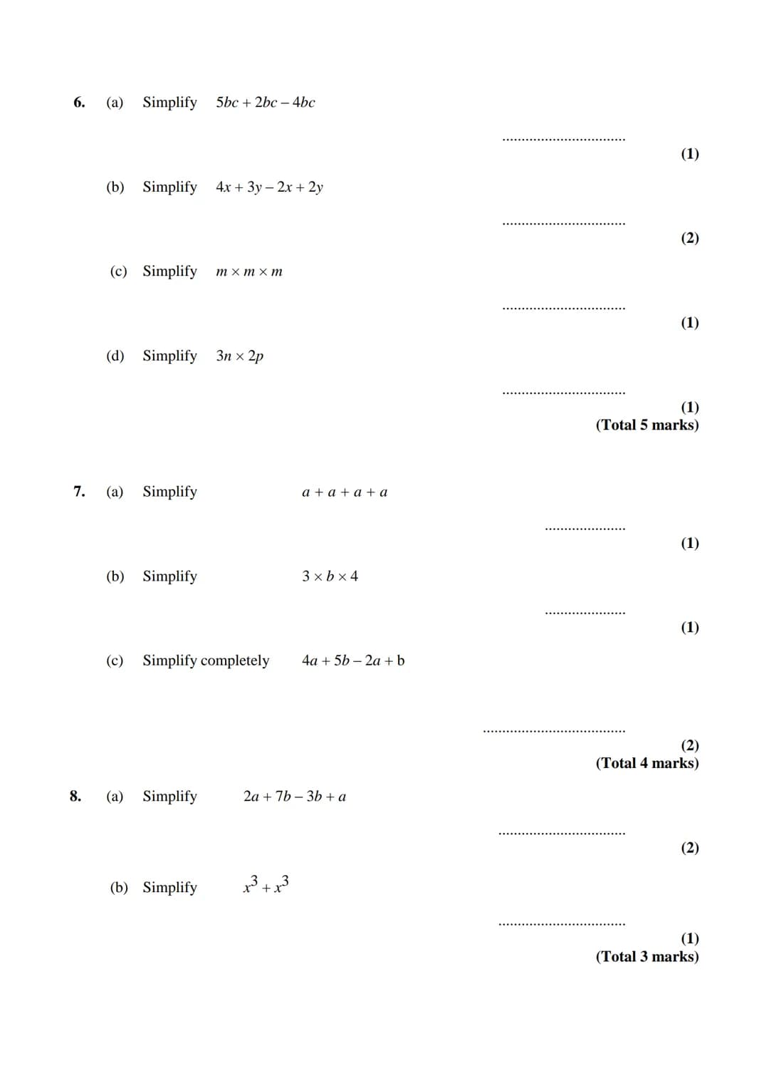 Edexcel GCSE
Mathematics (Linear) – 1MA0
ALGEBRA:
COLLECTING LIKE
TERMS
Materials required for examination
Ruler graduated in centimetres an