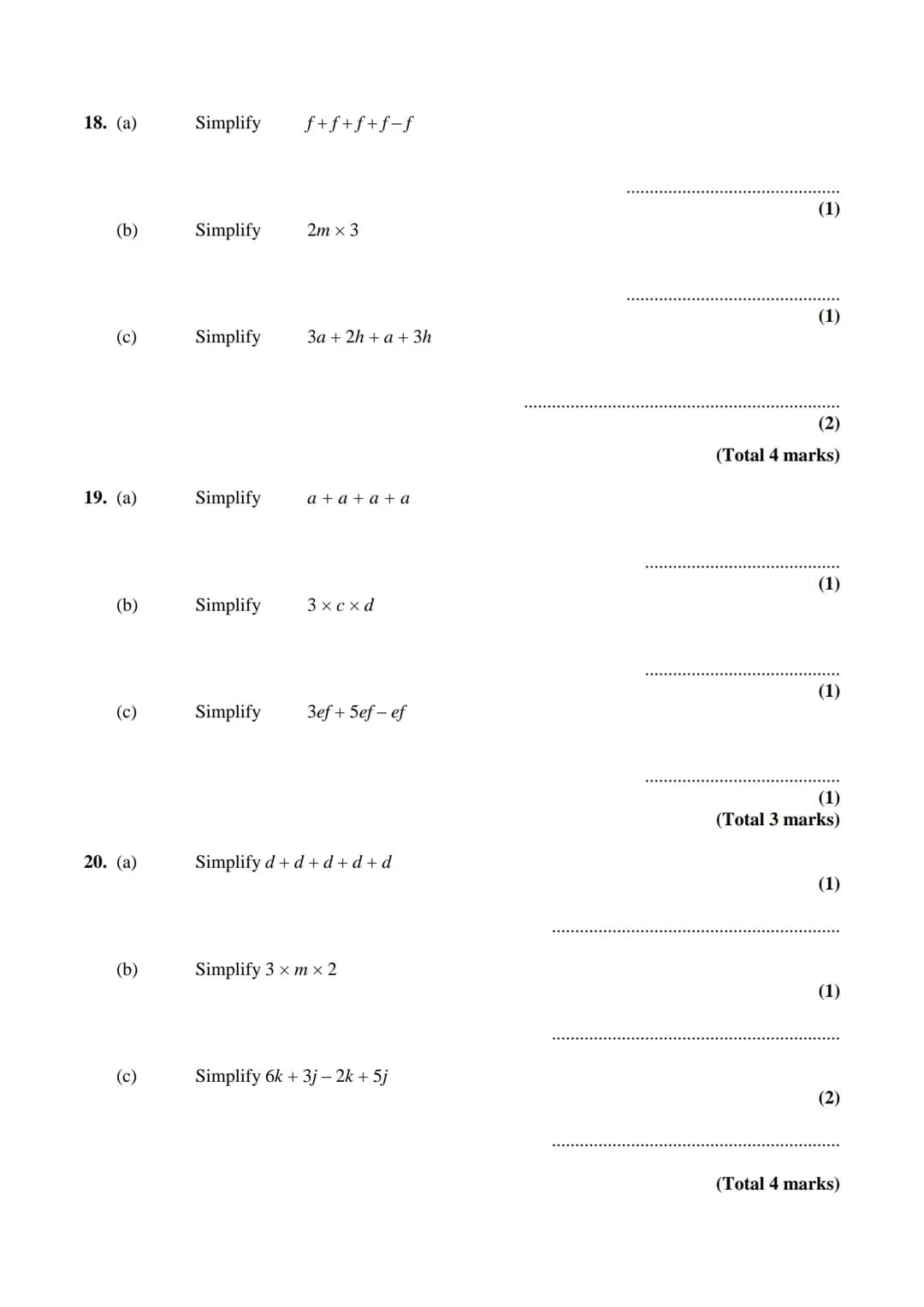 Edexcel GCSE
Mathematics (Linear) – 1MA0
ALGEBRA:
COLLECTING LIKE
TERMS
Materials required for examination
Ruler graduated in centimetres an