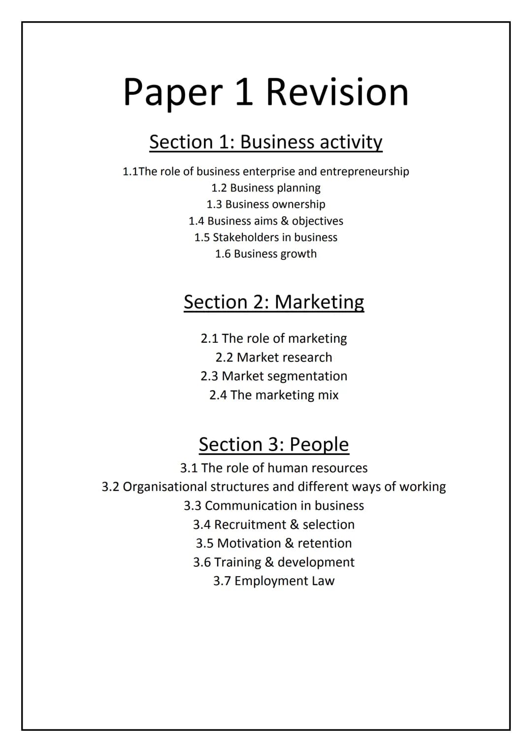 Paper 1 Revision
Section 1: Business activity
1.1 The role of business enterprise and entrepreneurship
1.2 Business planning
1.3 Business ow