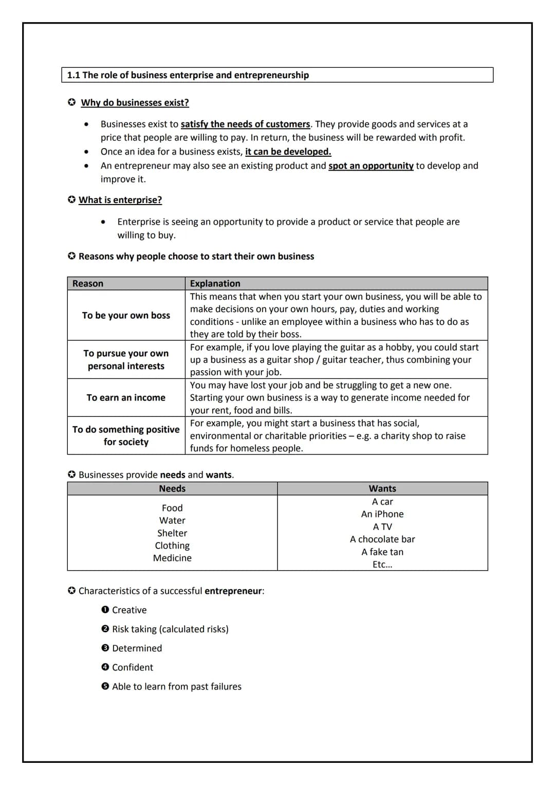 Paper 1 Revision
Section 1: Business activity
1.1 The role of business enterprise and entrepreneurship
1.2 Business planning
1.3 Business ow