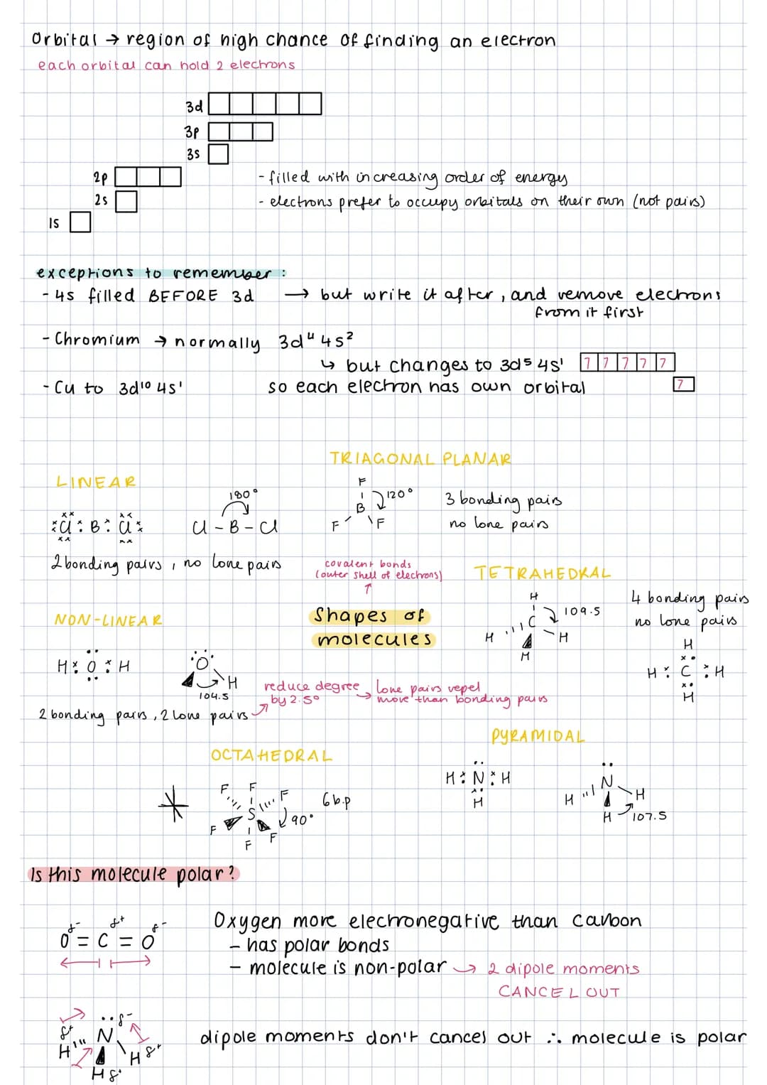 Orbital region of high chance of finding an electron
each orbital can hold 2 electrons
IS
2p
2s
- Cu to 3d 1⁰ 45'
exceptions to remember:
- 