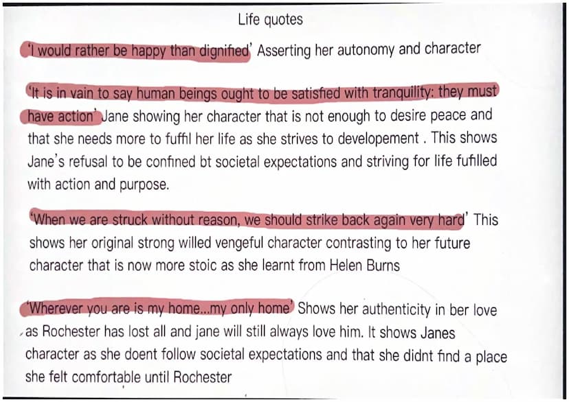 jane eyre quotes
independace
I am no bird and no net ensnares me- jane asserting her autonomy and strength in
character as a victorian woman