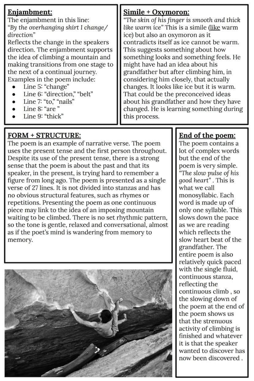 Climbing My Grandfather: Andrew Waterhouse
Poem:
Speaker imagines himself 'climbing' his grandfather,
but his grandfather is a mountain. It 