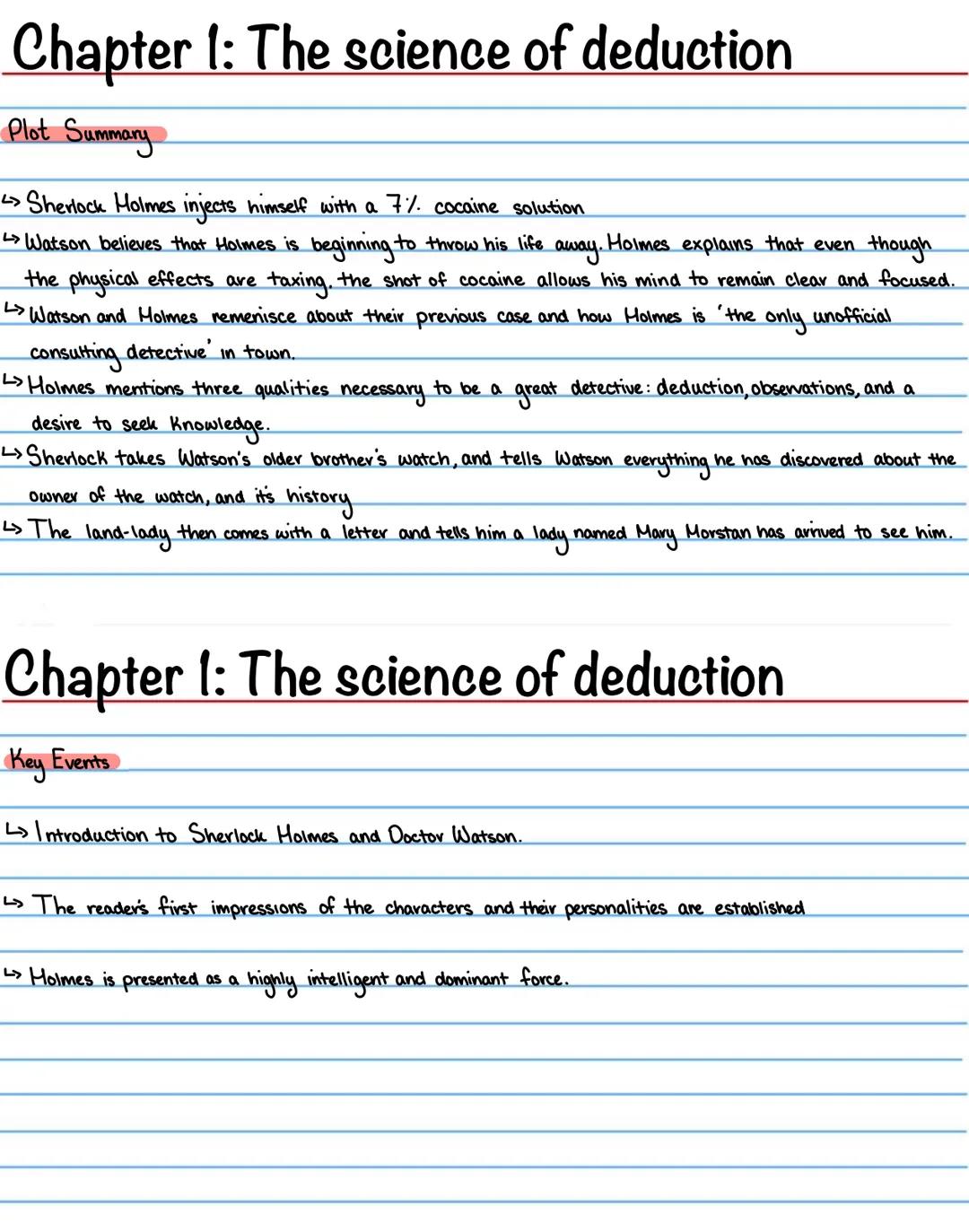 # Chapter 1: The science of deduction
Plot Summary

↳ Sherlock Holmes injects himself with a 7% cocaine solution

↳ Watson believes that Hol