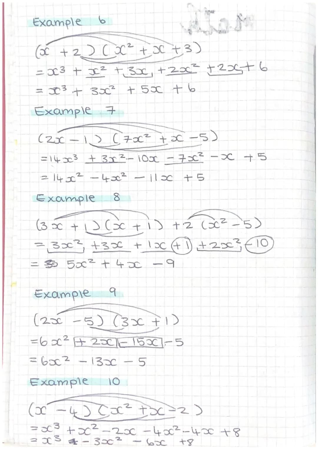 math
Expanding brackets.
Example
5 (od + 4) + 3 (200 +1)
= 5x +20 + 6x + 3
=11x +23.
F
Example 2
x (3x +4)
= 3x² + 4+ x
4
Example
(x + 2) (x