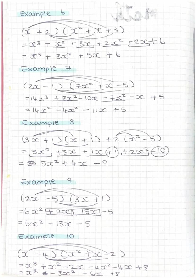 math
Expanding brackets.
Example
5 (od + 4) + 3 (200 +1)
= 5x +20 + 6x + 3
=11x +23.
F
Example 2
x (3x +4)
= 3x² + 4+ x
4
Example
(x + 2) (x