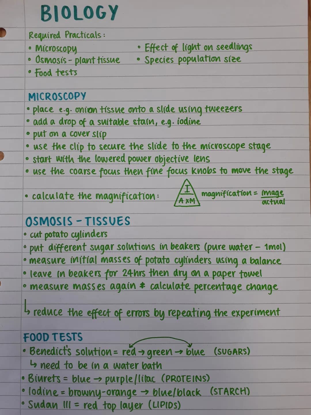 Required Practicals:
Microscopy
Osmosis - plant tissue
Food tests
0
O
●
BIOLOGY
MICROSCOPY
place e.g. onion tissue onto a slide using tweeze