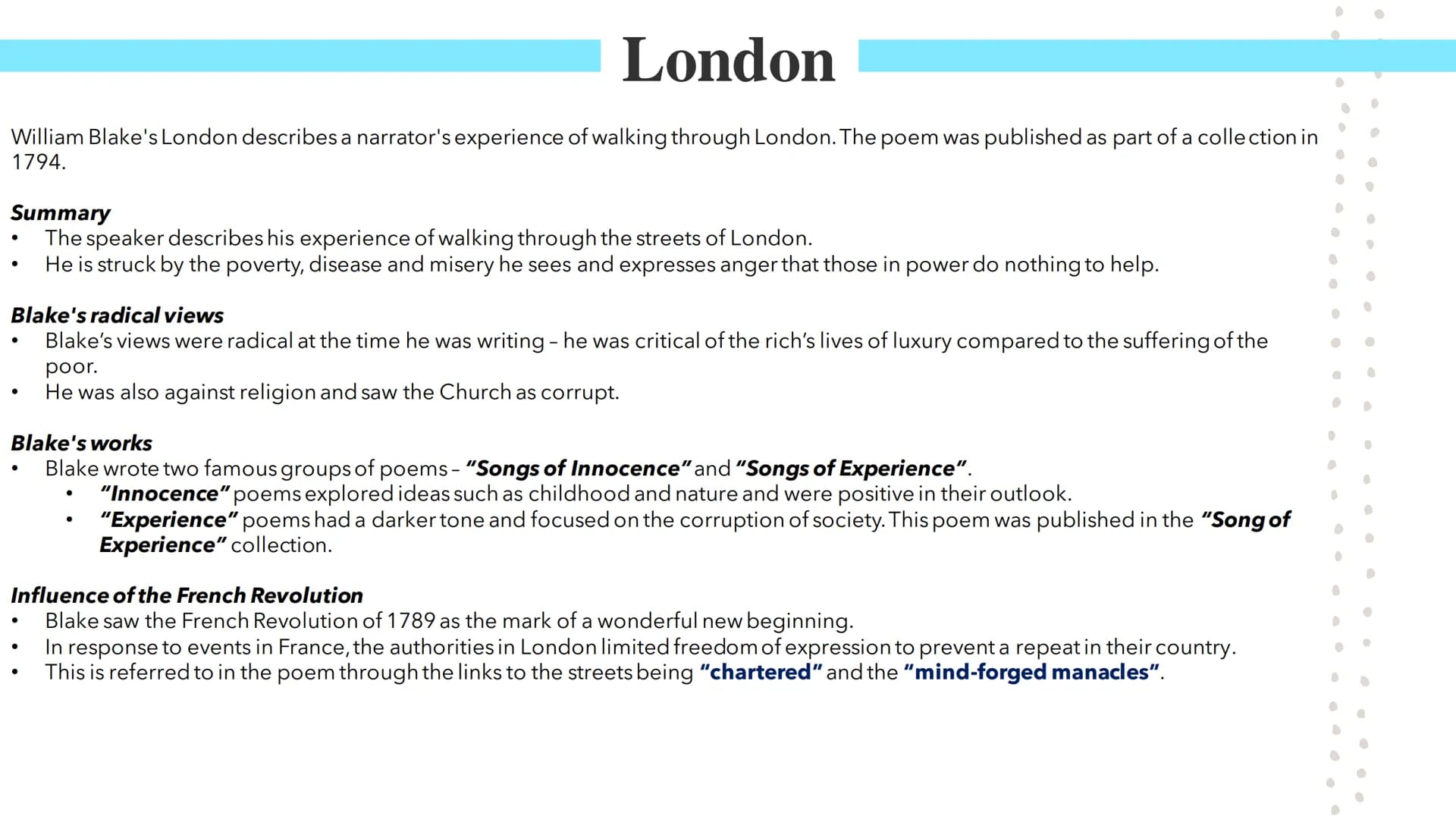 London
Poetry GCSEs London
William Blake's London describes a narrator's experience of walking through London. The poem was published as par