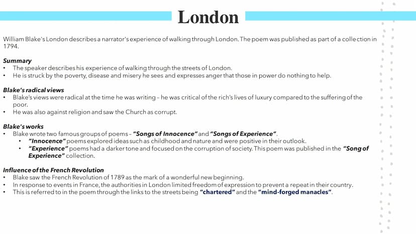 London
Poetry GCSEs London
William Blake's London describes a narrator's experience of walking through London. The poem was published as par