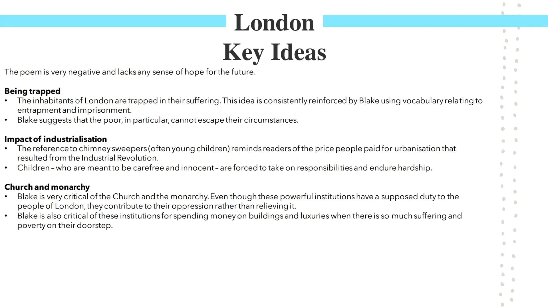 London
Poetry GCSEs London
William Blake's London describes a narrator's experience of walking through London. The poem was published as par