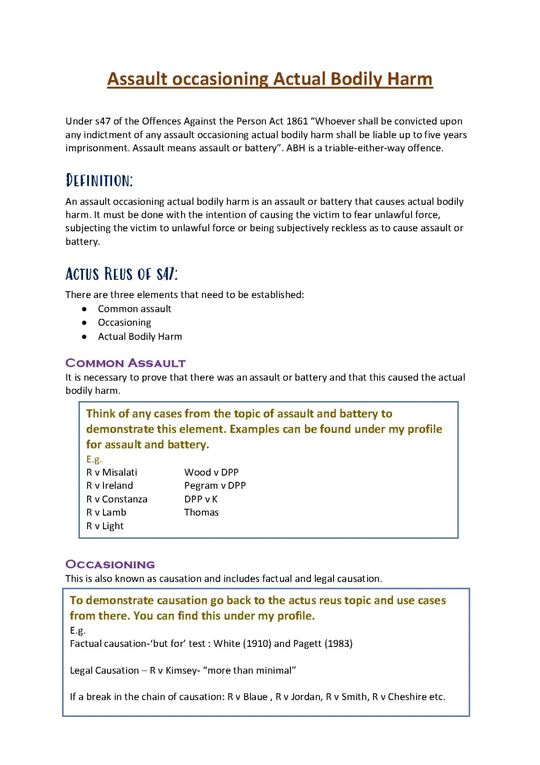 ABH: Mens Rea, Actus Reus of s47, Case Examples, and Sentencing Guidelines for Kids