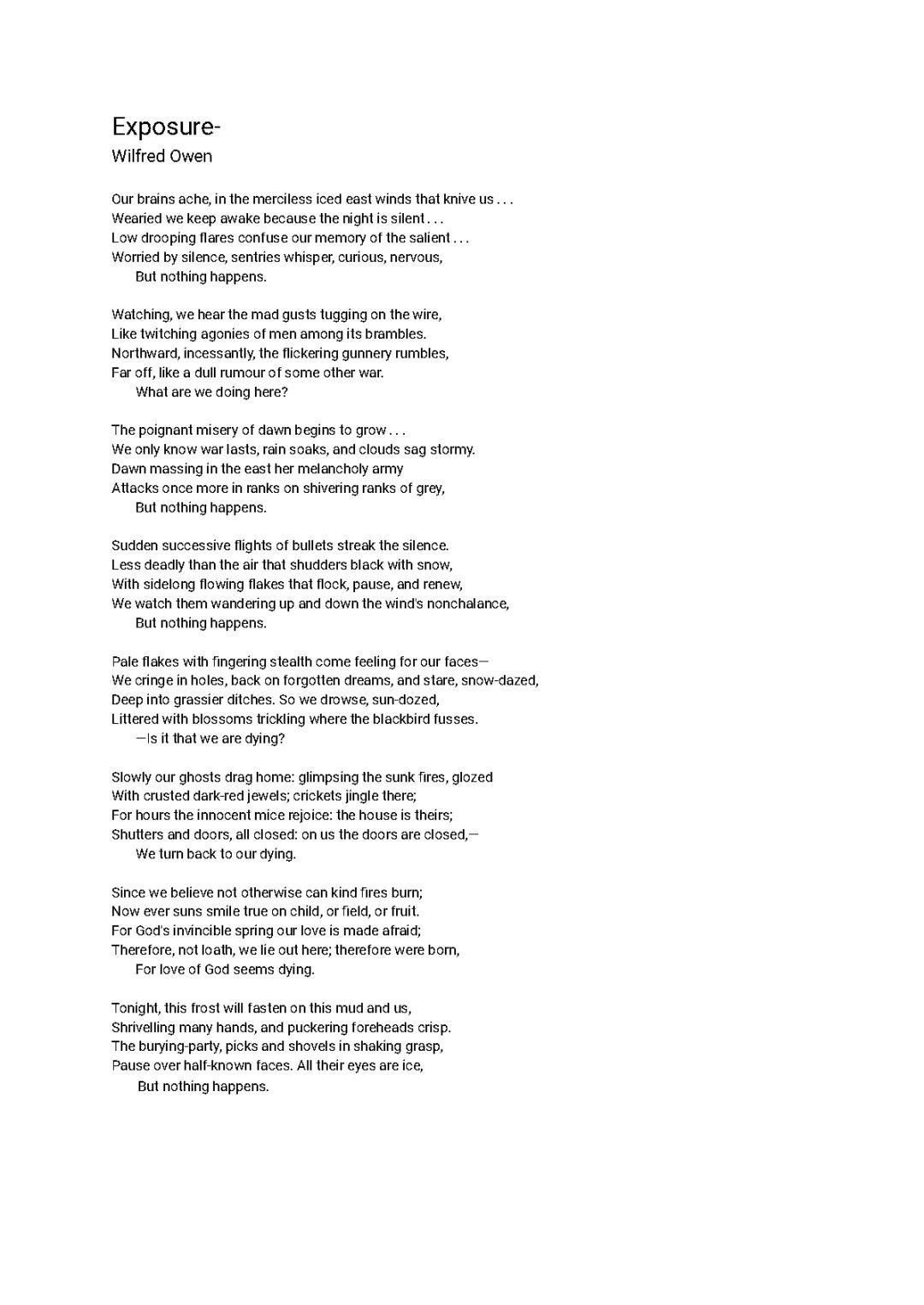 Exposure by Wilfred Owen: Poem Analysis PDF and Key Quotes