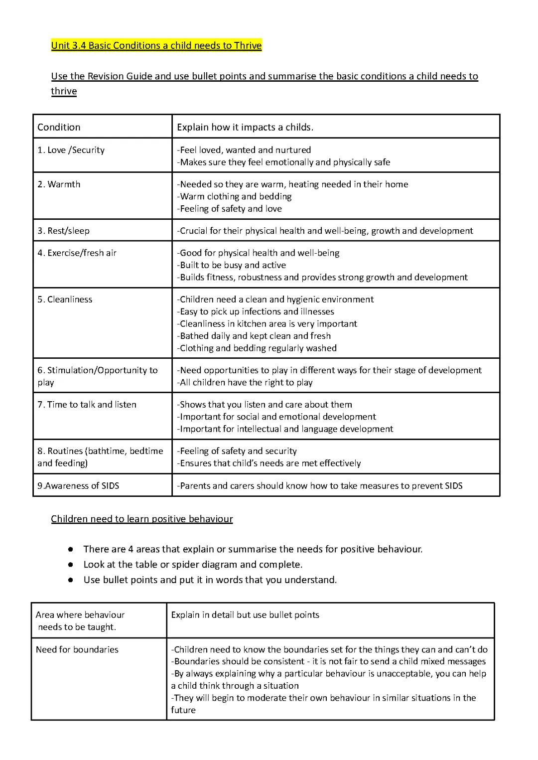 Conditions to thrive- Child development GCSE