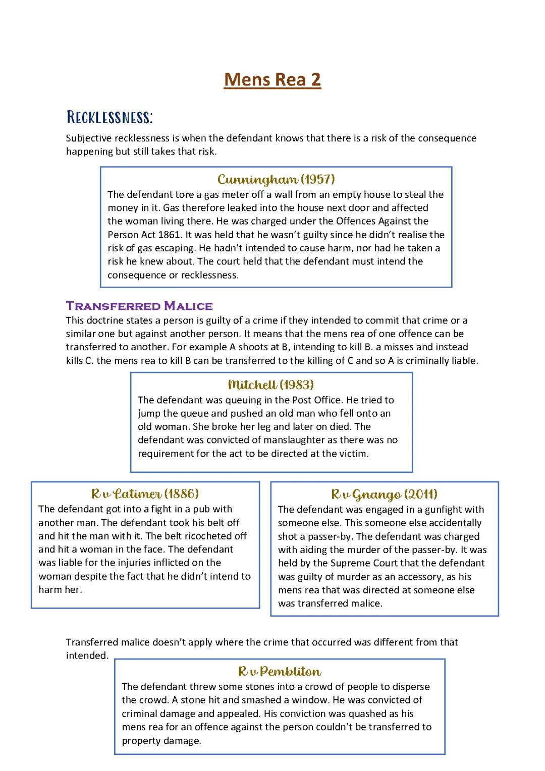Mens Rea 2 -Recklessness and the Contemporaneity rule 