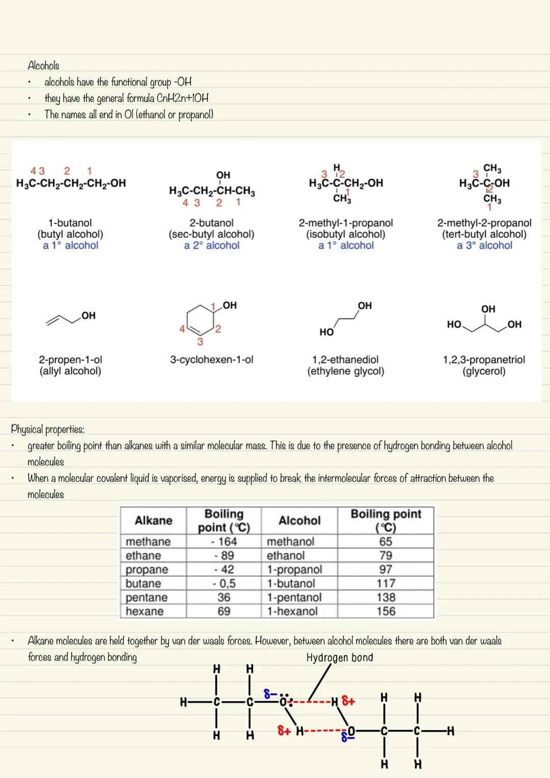 
<p>Alcohols have the functional group -OH and they have the general formula CnH2n+1OH. The names of alcohols all end in Ol (ethanol or prop