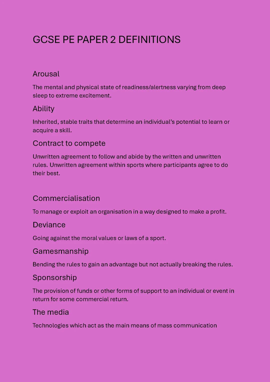 definitions for AQA GCSE PE paper 2 