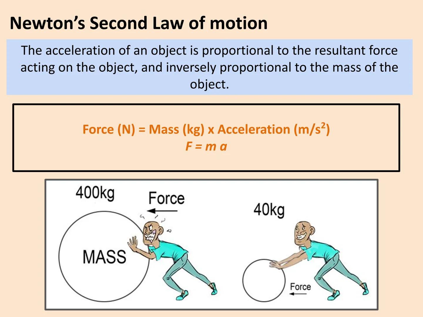 Newton's Second Law of motion
The acceleration of an object is proportional to the resultant force
acting on the object, and inversely propo