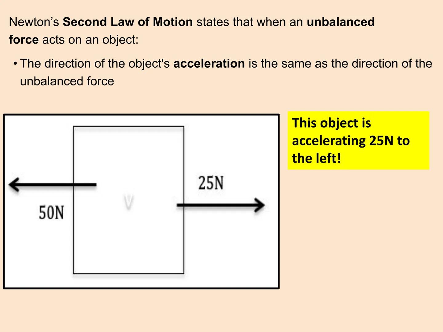 Newton's Second Law of motion
The acceleration of an object is proportional to the resultant force
acting on the object, and inversely propo