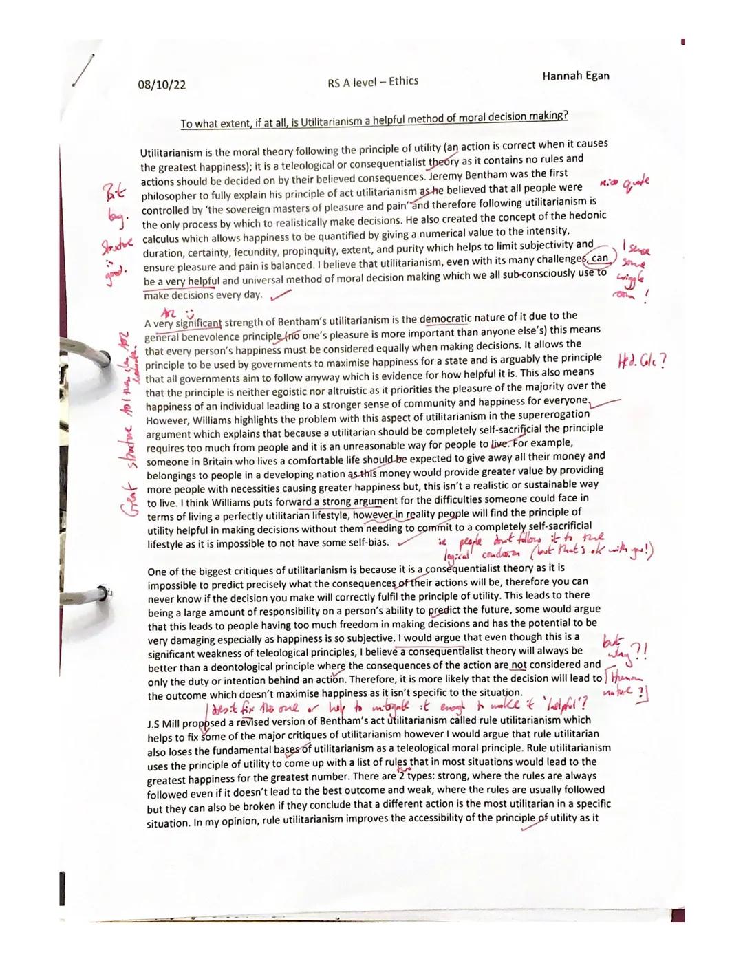 Bit
bug.
Structure
good.
101 the for
Widok
Great structure
08/10/22
RS A level- Ethics
Hannah Egan
To what extent, if at all, is Utilitarian