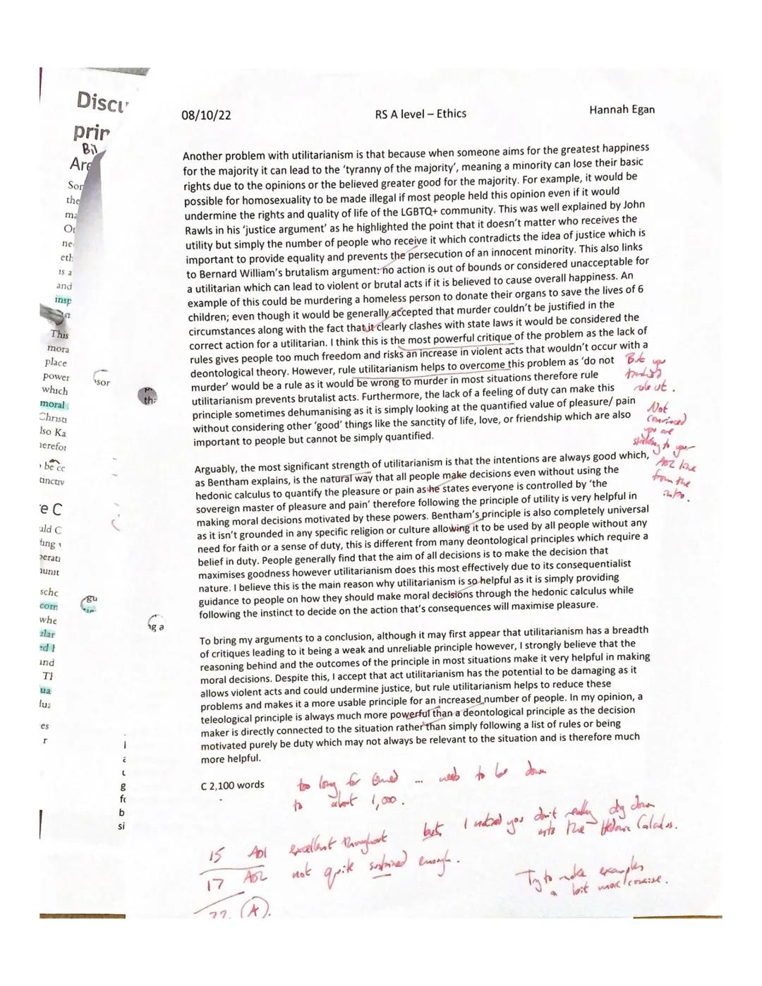 Bit
bug.
Structure
good.
101 the for
Widok
Great structure
08/10/22
RS A level- Ethics
Hannah Egan
To what extent, if at all, is Utilitarian