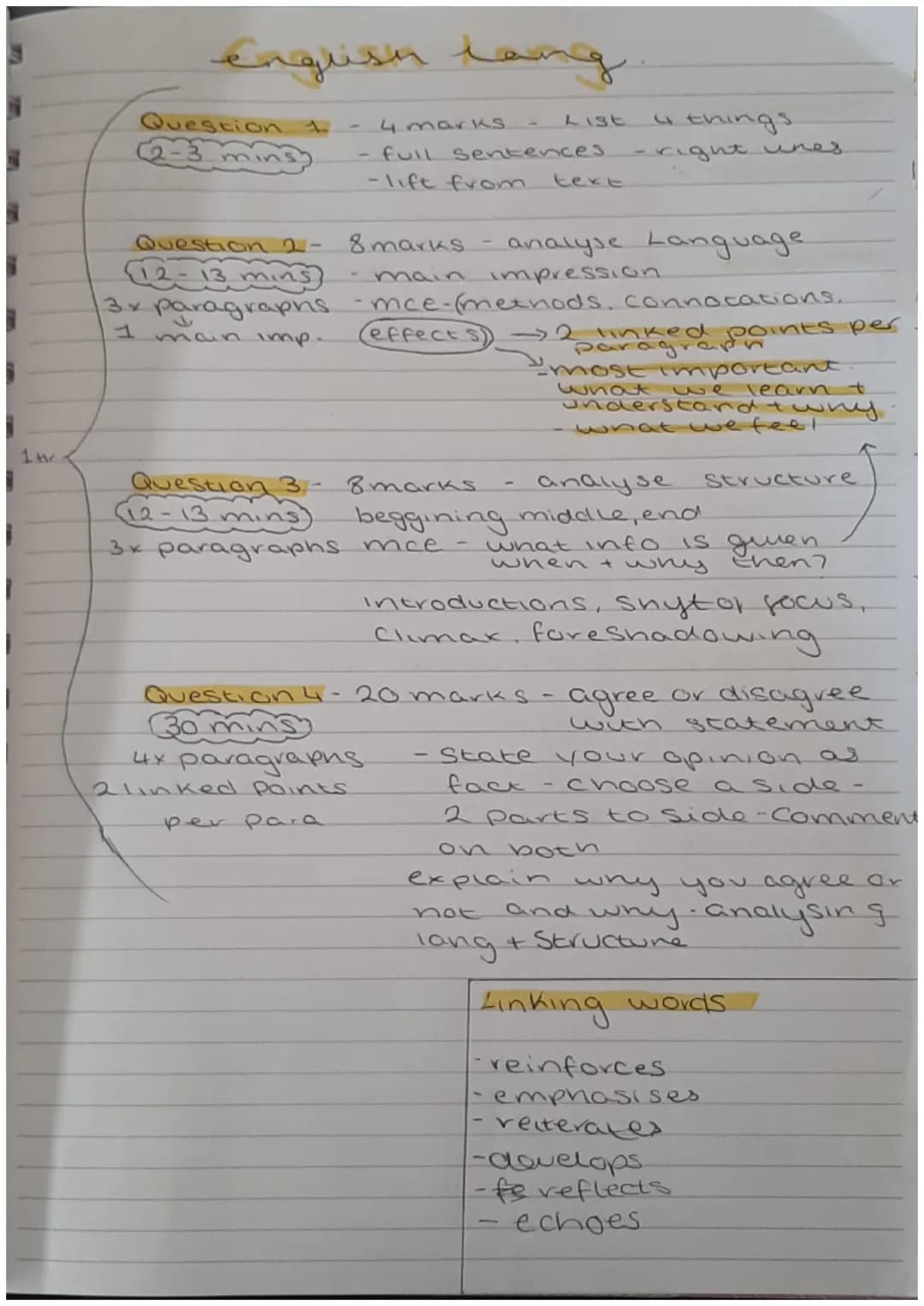 English lang
Question +
Question 2-
12-13 mins
4 markS
full sentences.
-lift from
8 marks
effects
-
List
text
analyse Language
impression
3 