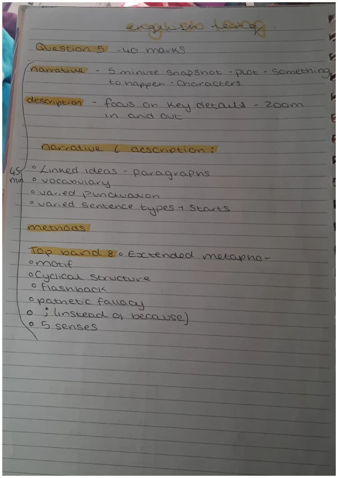 English lang
Question +
Question 2-
12-13 mins
4 markS
full sentences.
-lift from
8 marks
effects
-
List
text
analyse Language
impression
3 