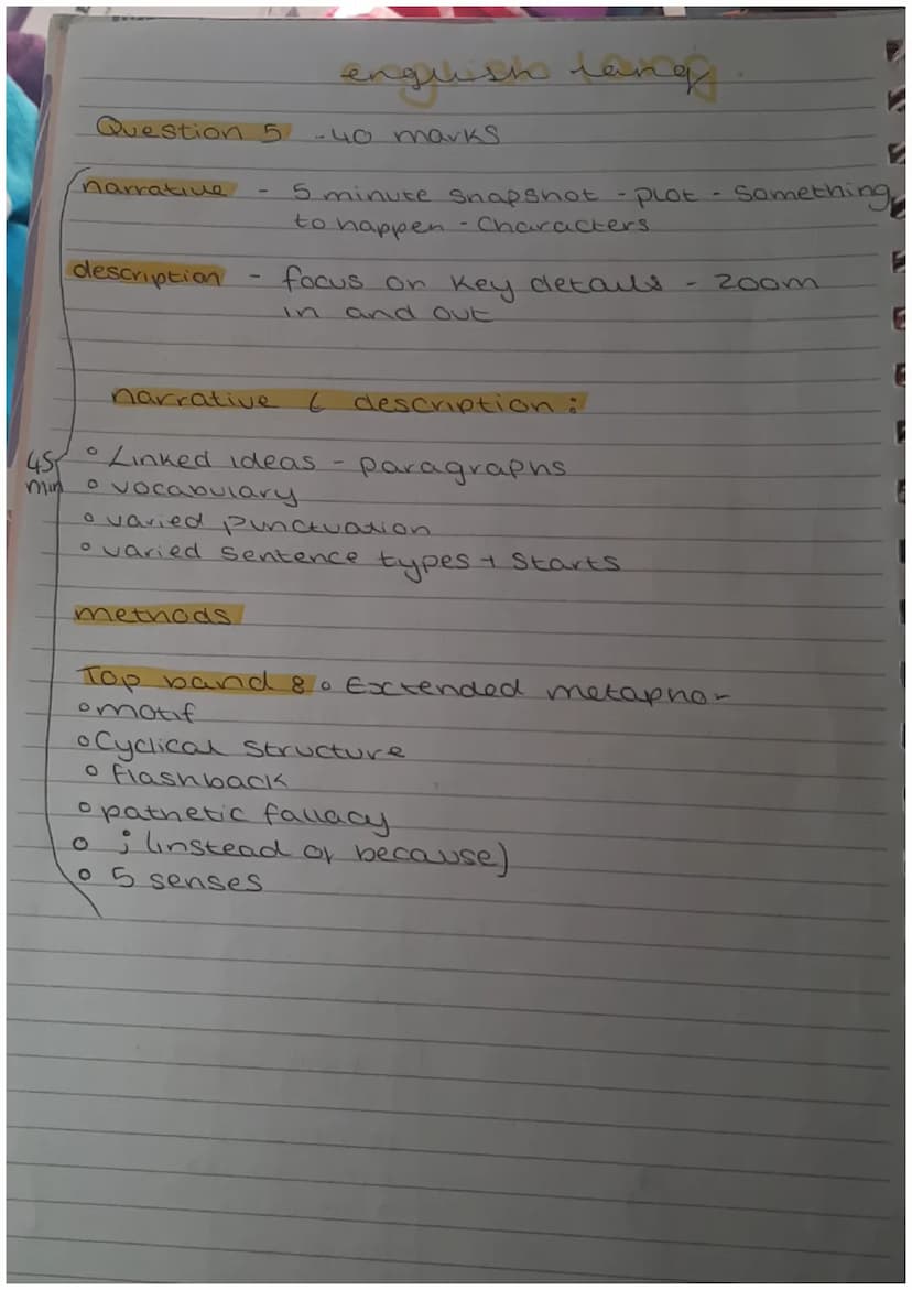 English lang
Question +
Question 2-
12-13 mins
4 markS
full sentences.
-lift from
8 marks
effects
-
List
text
analyse Language
impression
3 