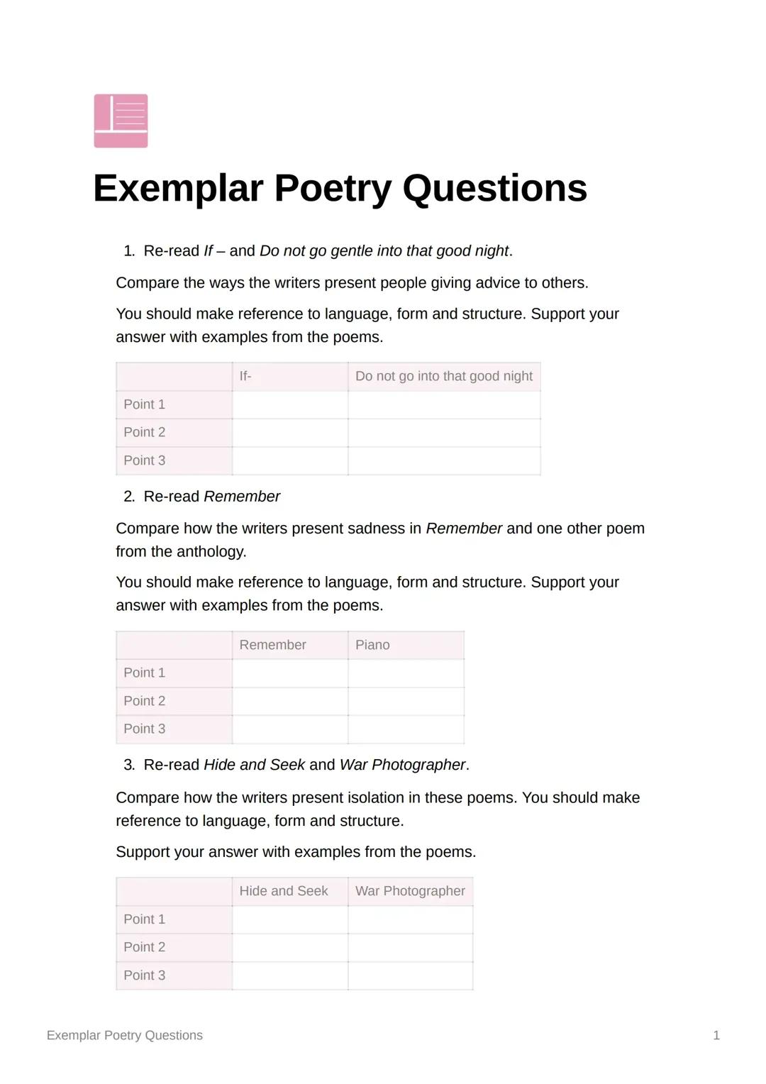 Edexcel IGCSE Poetry Questions